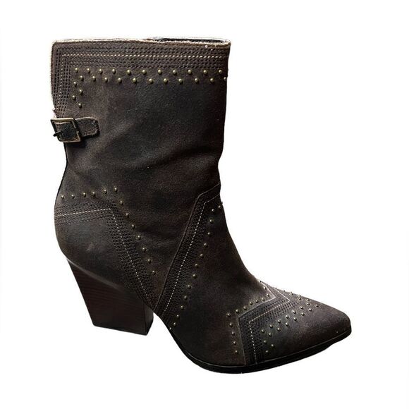 DONALD J. PLINER Vegas Brown Leather Studded Heeled Boots Size 7 - Picture 1 of 11